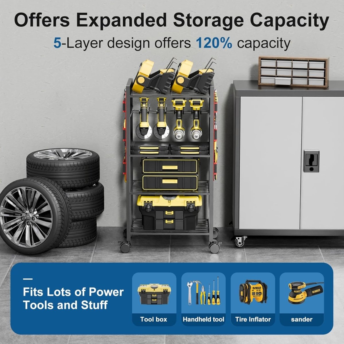 5 Tier Power Tool Organizer Cart on Wheels Heavy Duty Rack - Kwikley