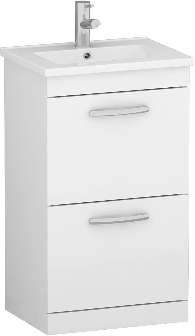 500mm Floor Standing White Gloss Vanity Unit – 2 Drawer Bathroom Sink Cabinet - Kwikley