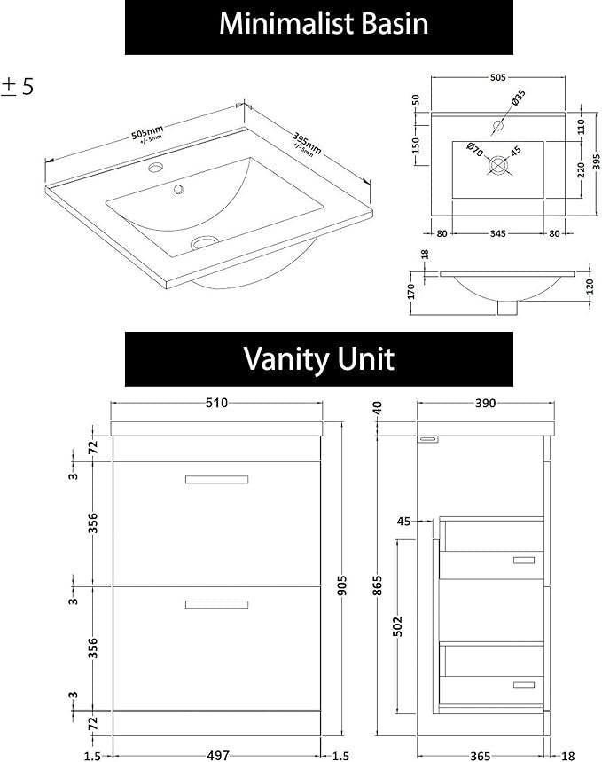 500mm Floor Standing White Gloss Vanity Unit – 2 Drawer Bathroom Sink Cabinet - Kwikley