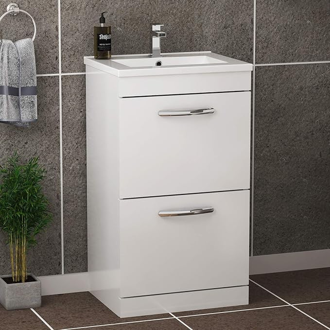 500mm Floor Standing White Gloss Vanity Unit – 2 Drawer Bathroom Sink Cabinet - Kwikley