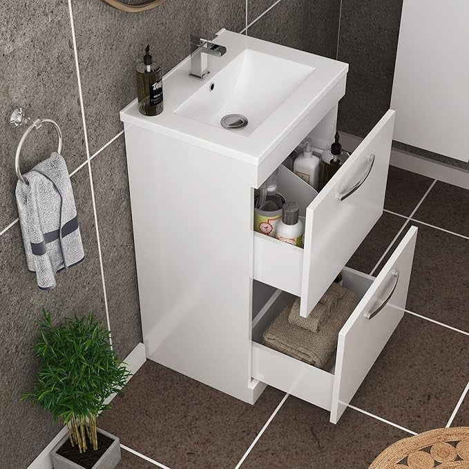 500mm Floor Standing White Gloss Vanity Unit – 2 Drawer Bathroom Sink Cabinet - Kwikley