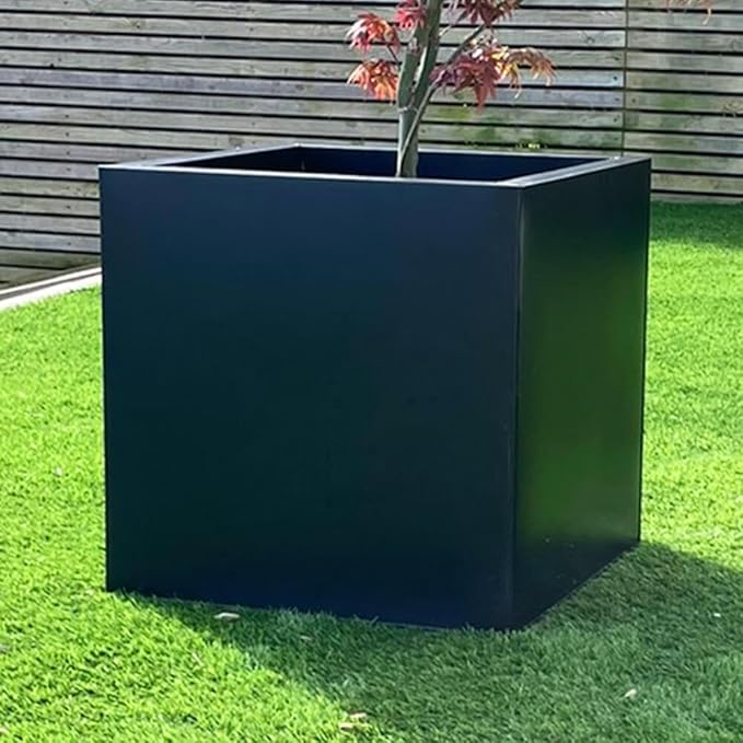 50cm Cube Planter Black Metal Outdoor Garden Pot Drainage - Kwikley