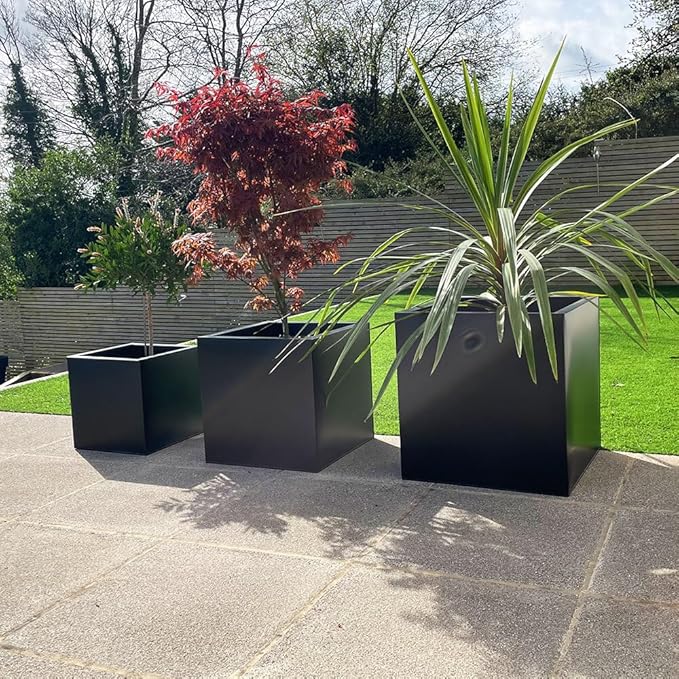 50cm Cube Planter Black Metal Outdoor Garden Pot Drainage - Kwikley