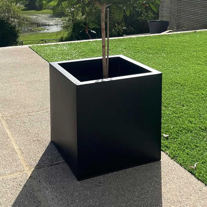 50cm Cube Planter Black Metal Outdoor Garden Pot Drainage - Kwikley
