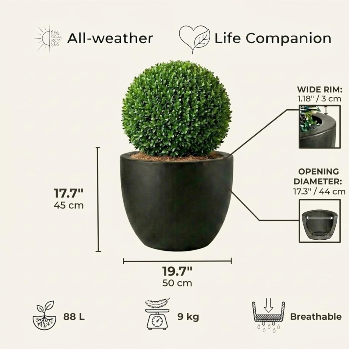 50cm Large Round Planter Black Stone Effect Plant Pot 88L - Kwikley