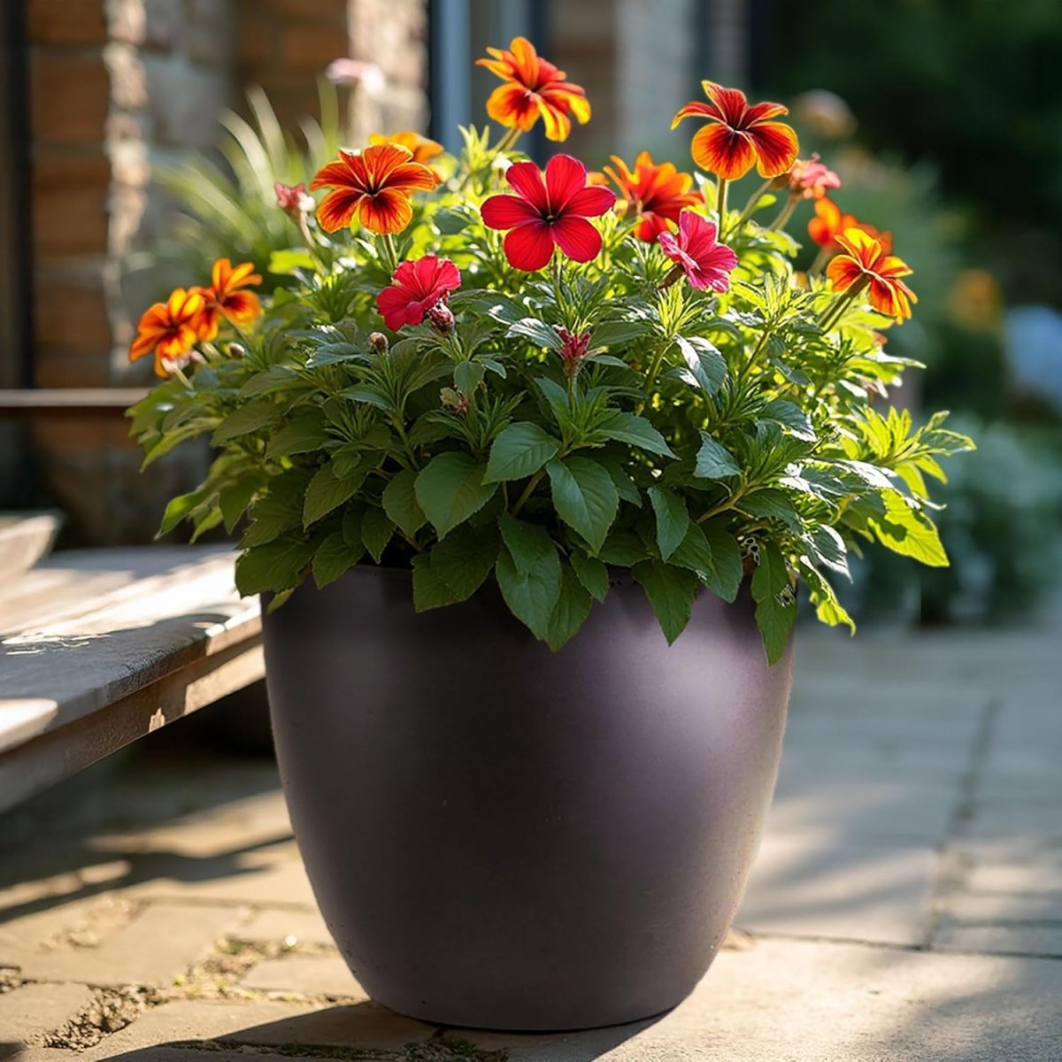 50cm Large Round Planter Black Stone Effect Plant Pot 88L - Kwikley