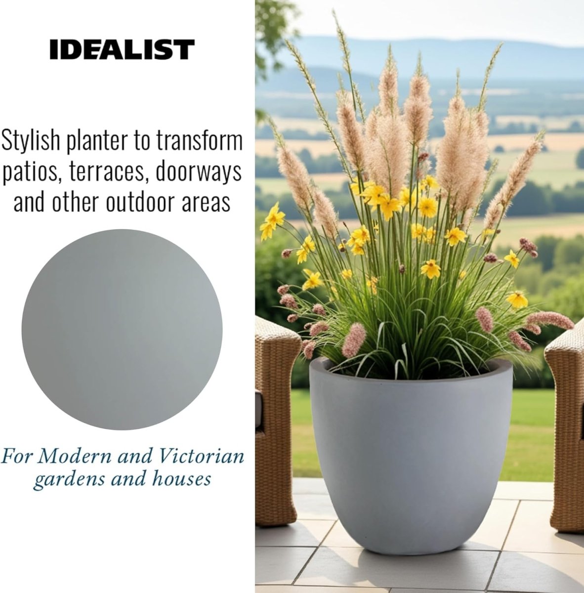 50cm Large Round Planter Grey Stone Effect Outdoor Plant Pot - Kwikley