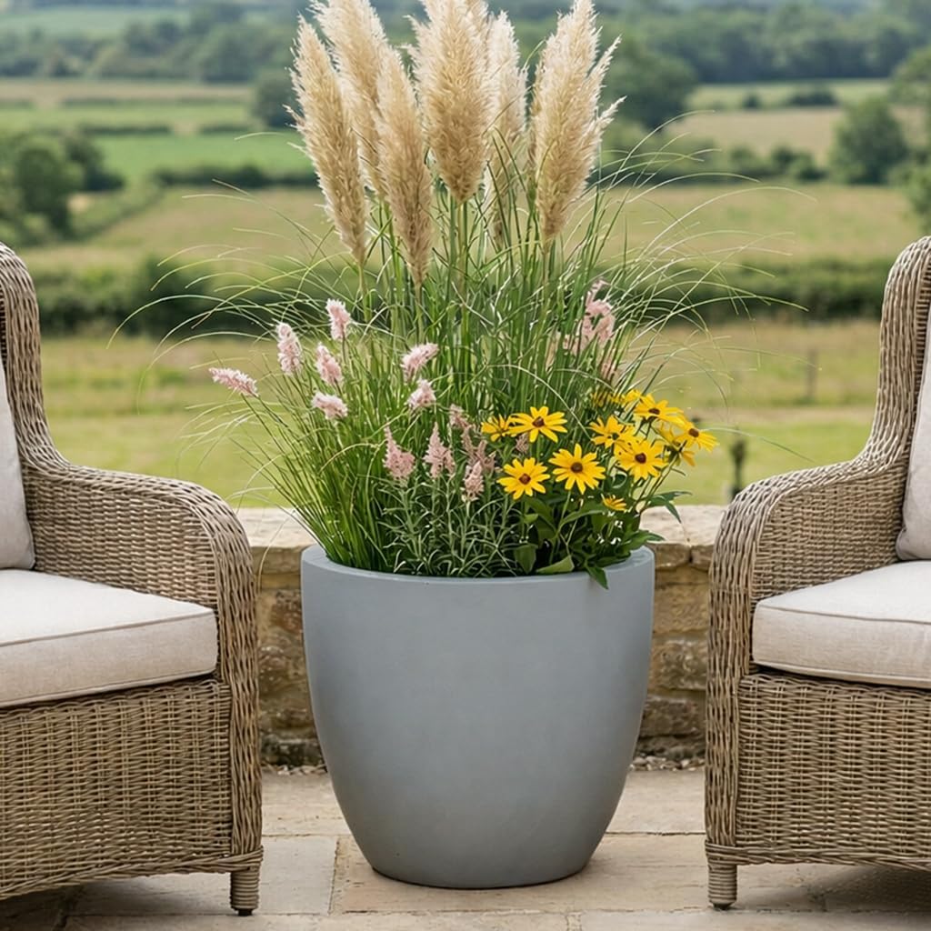 50cm Large Round Planter Grey Stone Effect Outdoor Plant Pot - Kwikley