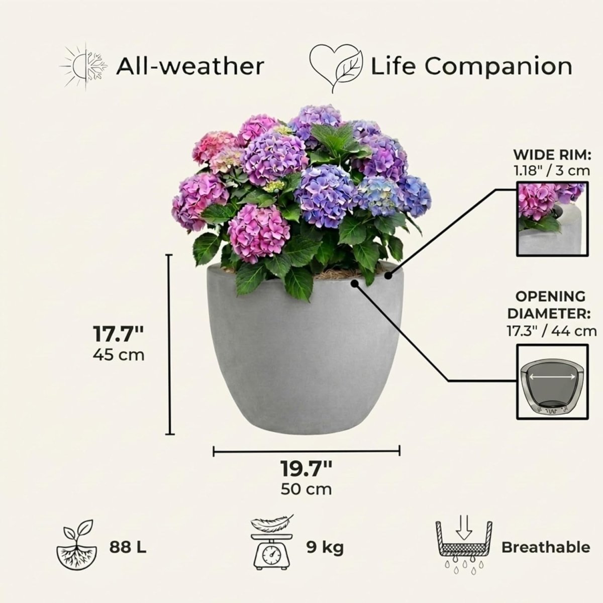 50cm Large Round Planter Grey Stone Effect Outdoor Plant Pot - Kwikley