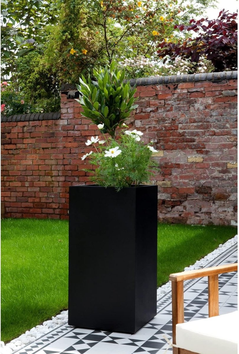 50cm Tall Square Planter Black Fiberstone Outdoor Plant Pot 11L - Kwikley