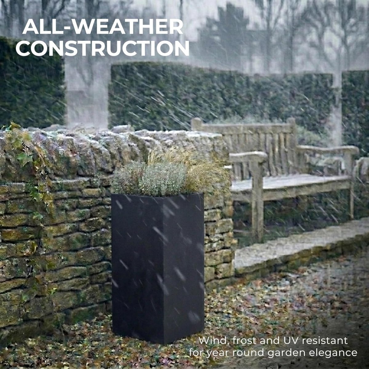 50cm Tall Square Planter Black Fiberstone Outdoor Plant Pot 11L - Kwikley