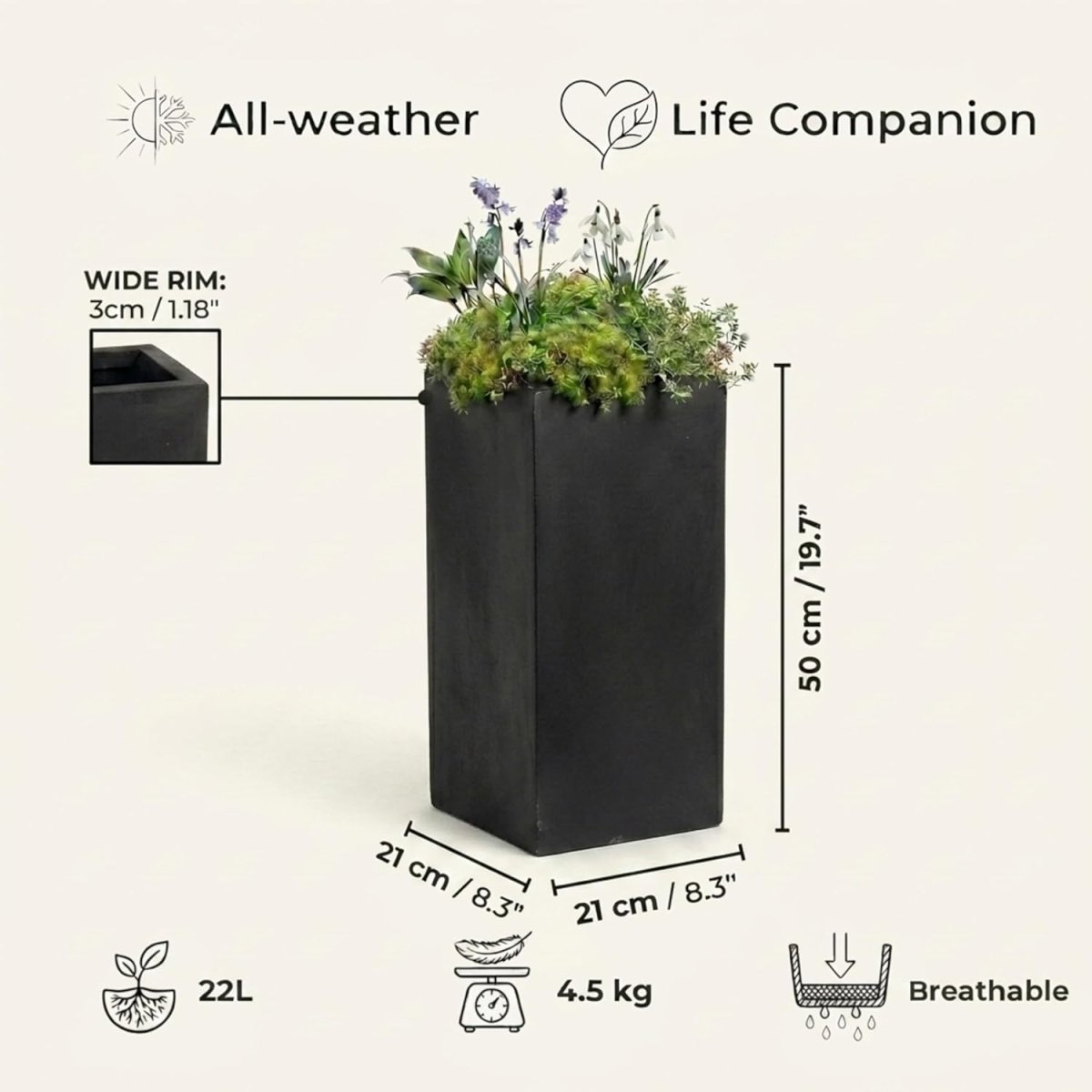 50cm Tall Square Planter Black Fiberstone Outdoor Plant Pot 11L - Kwikley