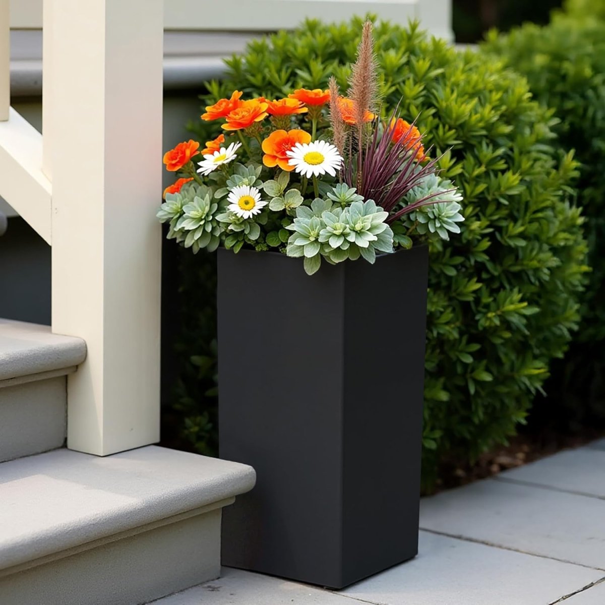 50cm Tall Square Planter Black Fiberstone Outdoor Plant Pot 11L - Kwikley