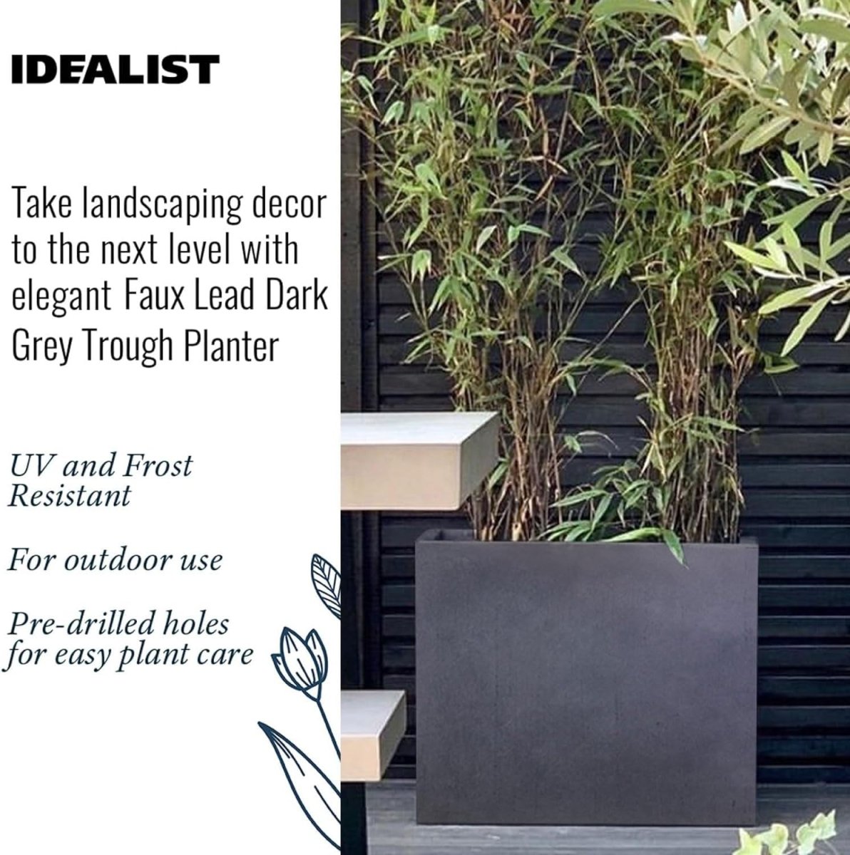 50cm Trough Planters Set 2 Dark Grey Stone Effect Outdoor Pots - Kwikley