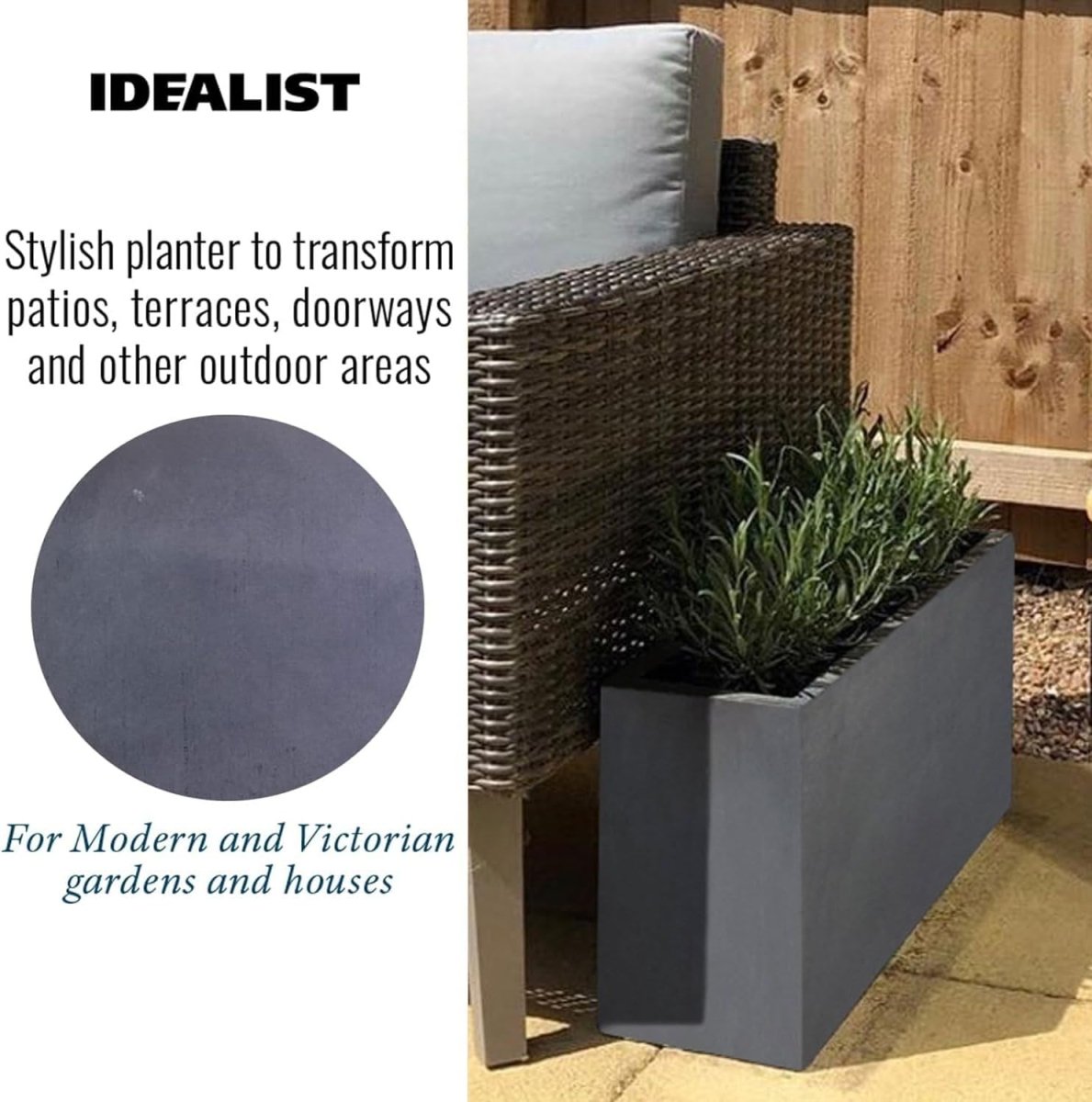 50cm Trough Planters Set 2 Dark Grey Stone Effect Outdoor Pots - Kwikley