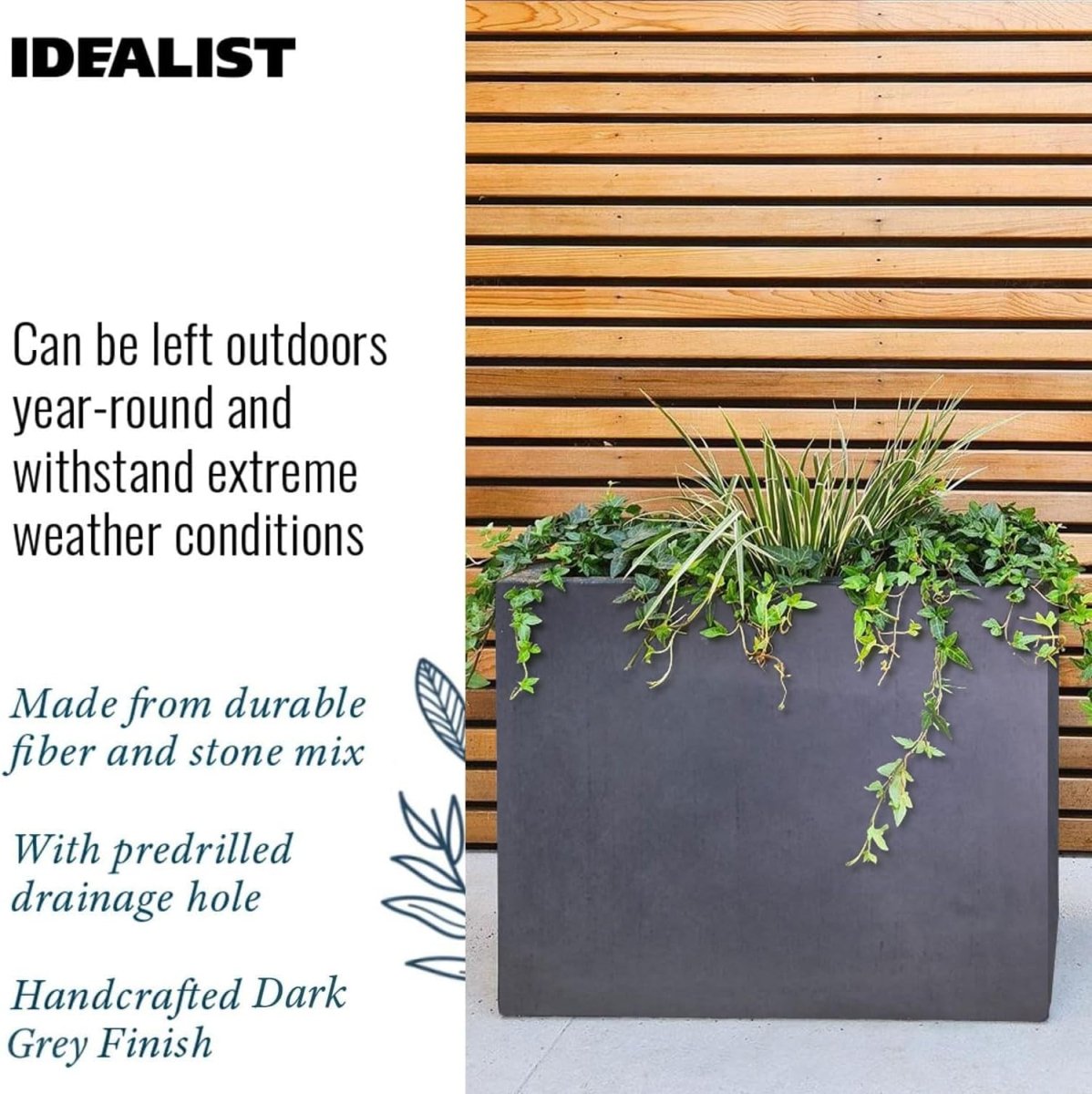 50cm Trough Planters Set 2 Dark Grey Stone Effect Outdoor Pots - Kwikley
