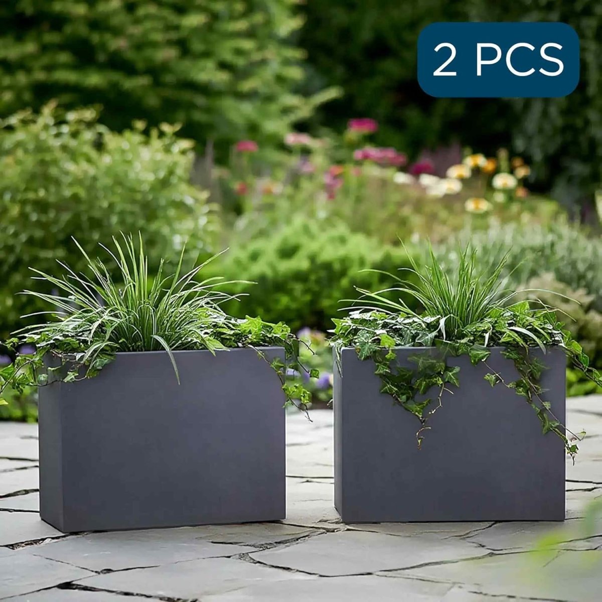 50cm Trough Planters Set 2 Dark Grey Stone Effect Outdoor Pots - Kwikley