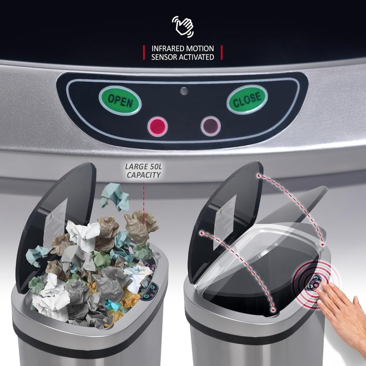 50L Automatic Sensor Kitchen Bin Stainless Steel Touch - Free Silver - Kwikley