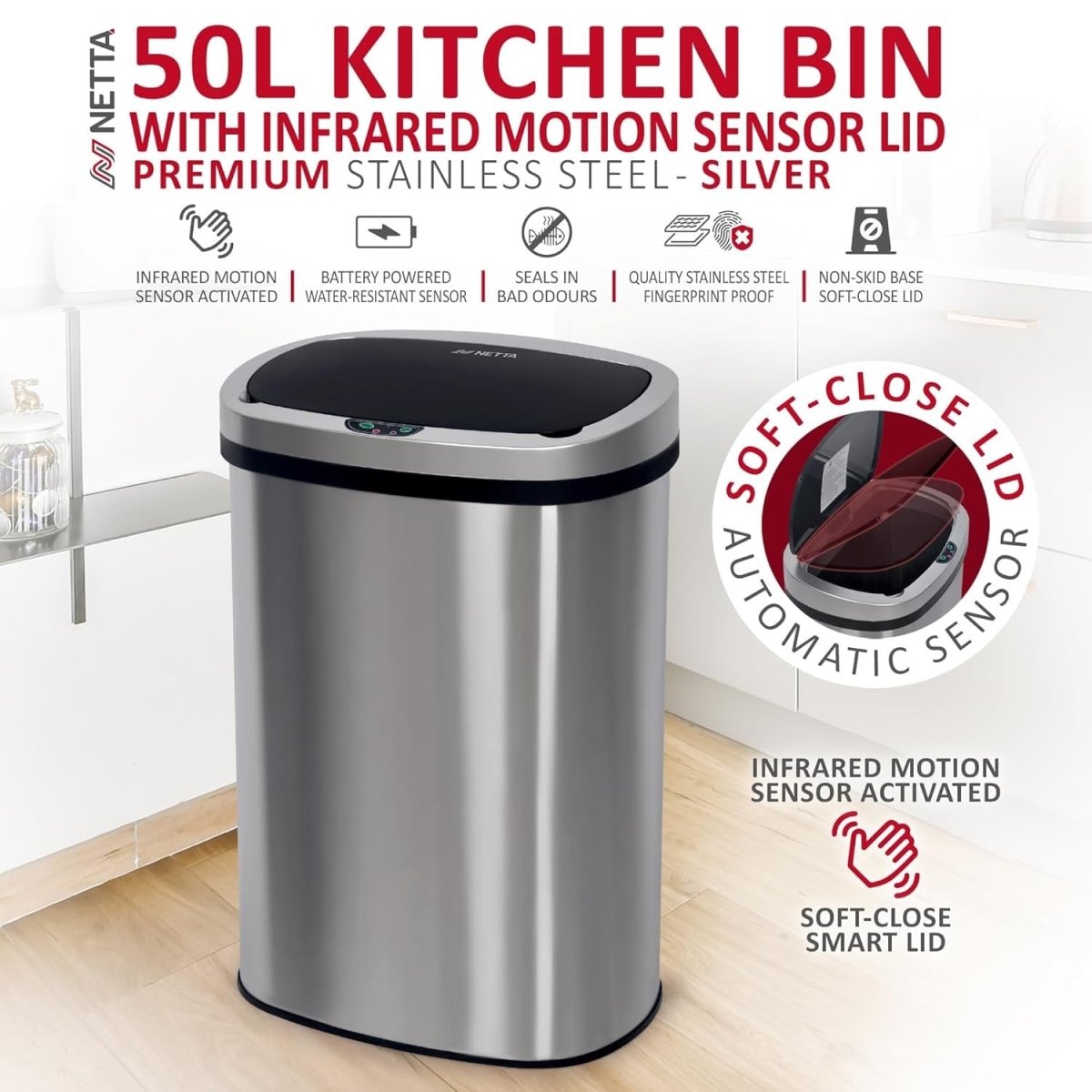 50L Automatic Sensor Kitchen Bin Stainless Steel Touch - Free Silver - Kwikley
