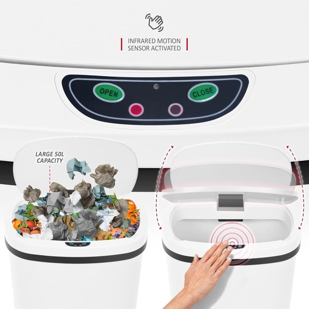 50L Automatic Sensor Kitchen Bin Touch - Free White Dustbin - Kwikley