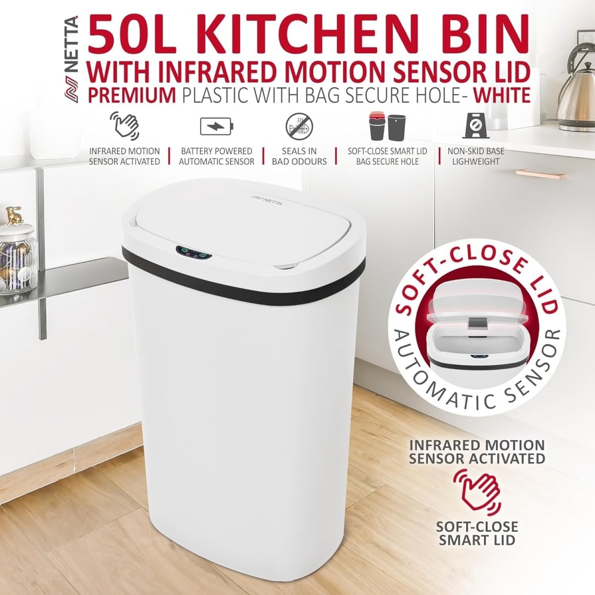 50L Automatic Sensor Kitchen Bin Touch - Free White Dustbin - Kwikley