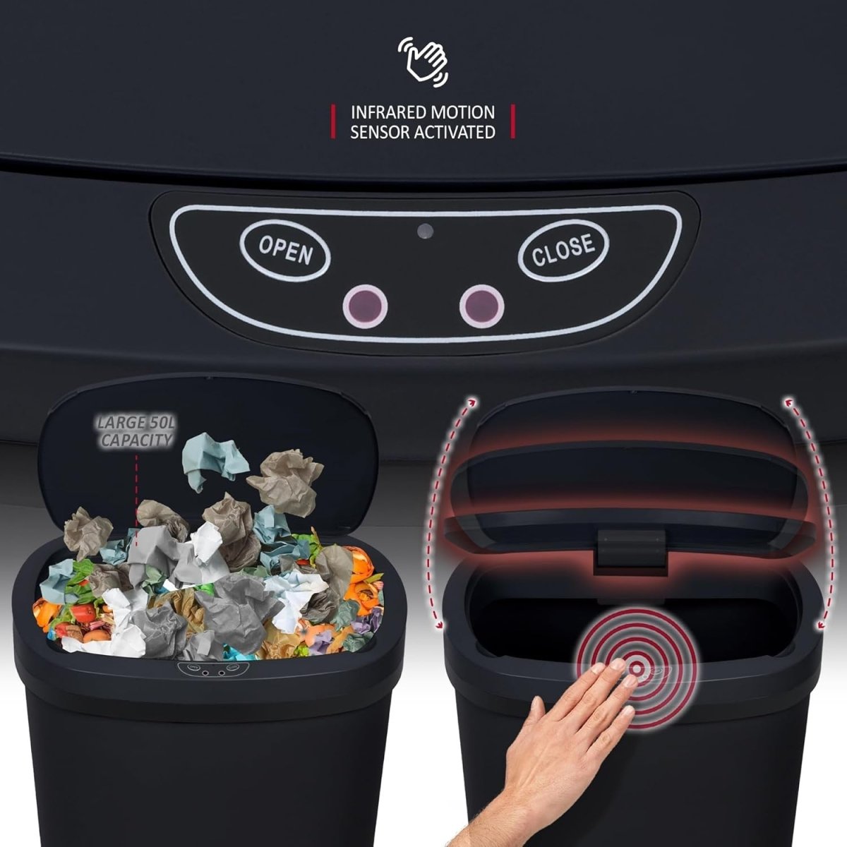 50L Automatic Sensor Kitchen Bin Touchless Motion Rubbish Black - Kwikley