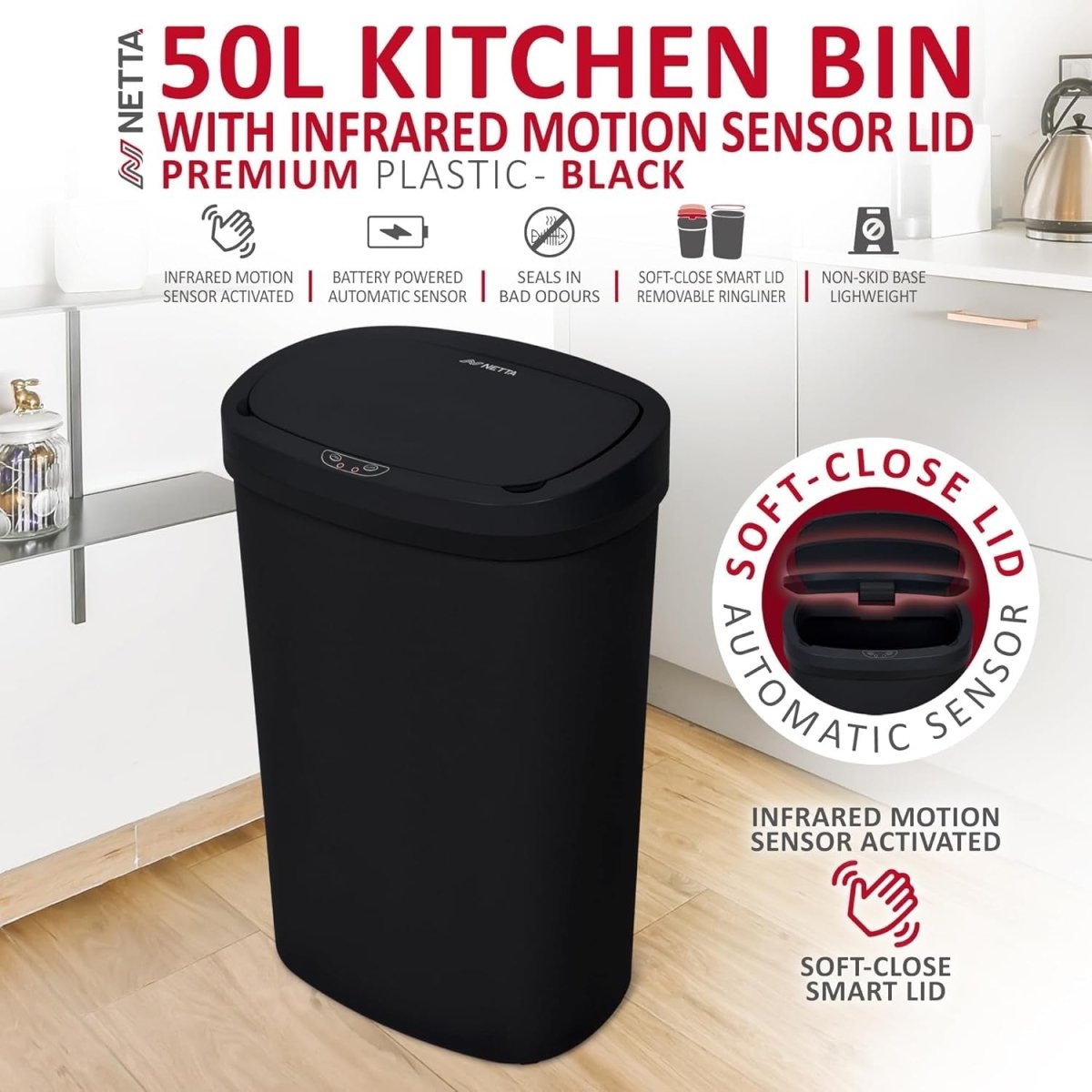 50L Automatic Sensor Kitchen Bin Touchless Motion Rubbish Black - Kwikley