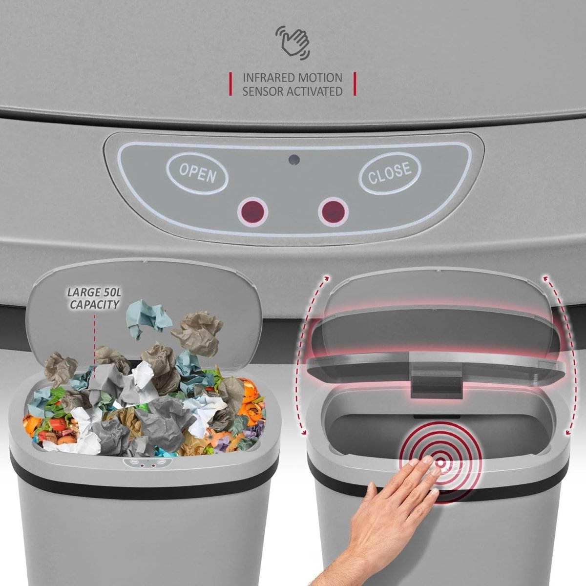 50L Automatic Sensor Kitchen Bin Touchless Motion Rubbish Grey - Kwikley