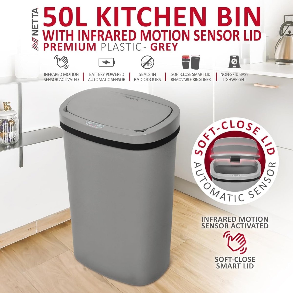 50L Automatic Sensor Kitchen Bin Touchless Motion Rubbish Grey - Kwikley