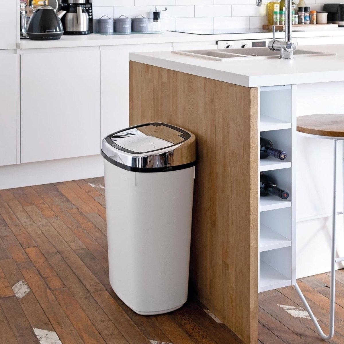 50L Automatic Sensor Kitchen Bin White Chrome Lid Touchless - Kwikley