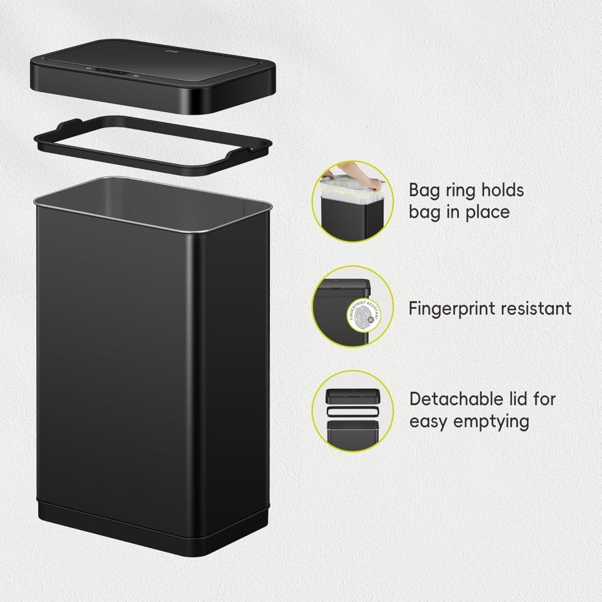 50L Matt Black Sensor Bin Stainless Steel Soft Close - Kwikley