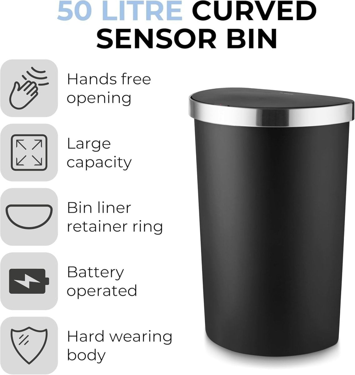 50L Motion Sensor Kitchen Bin Curved Black Soft Close Lid - Kwikley