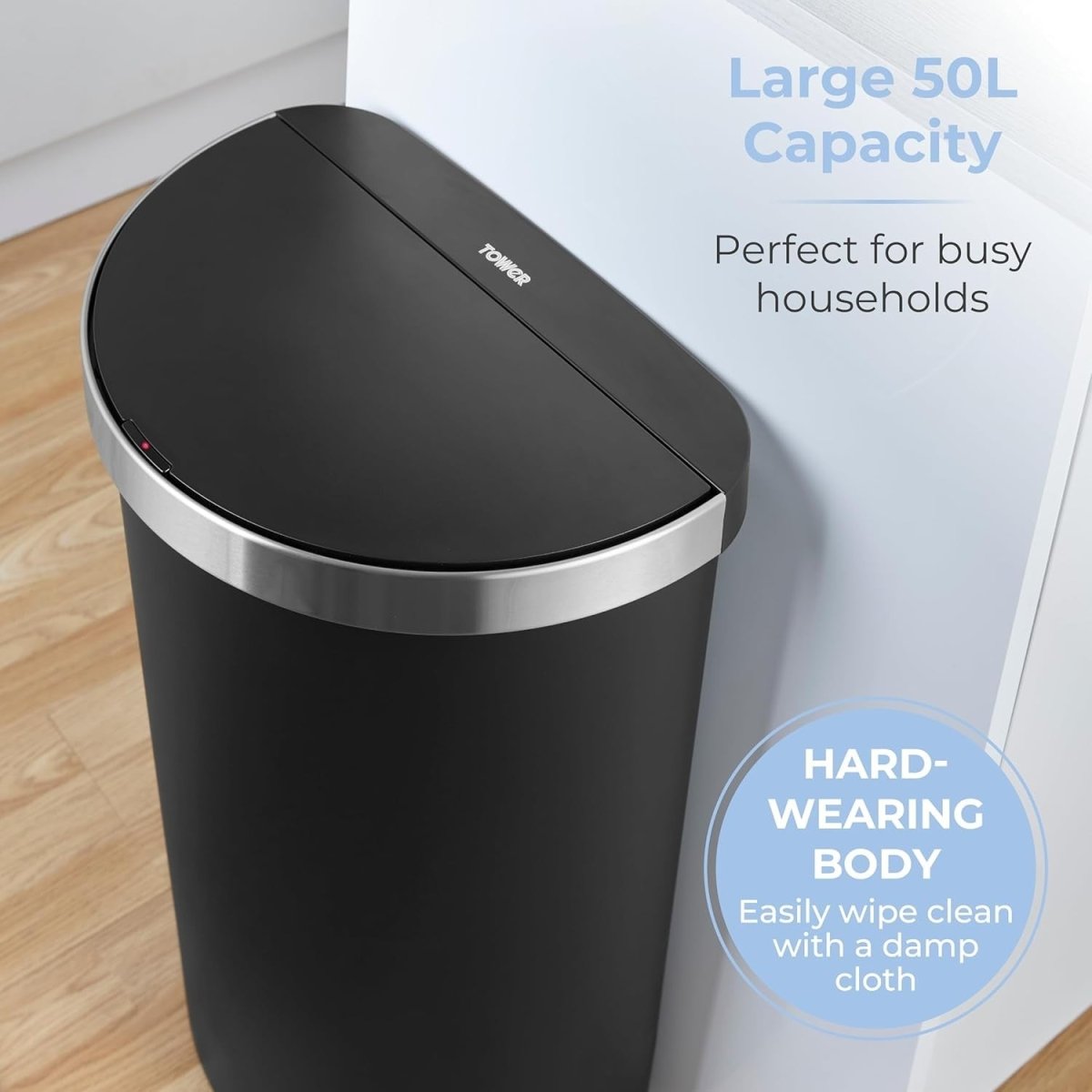 50L Motion Sensor Kitchen Bin Curved Black Soft Close Lid - Kwikley