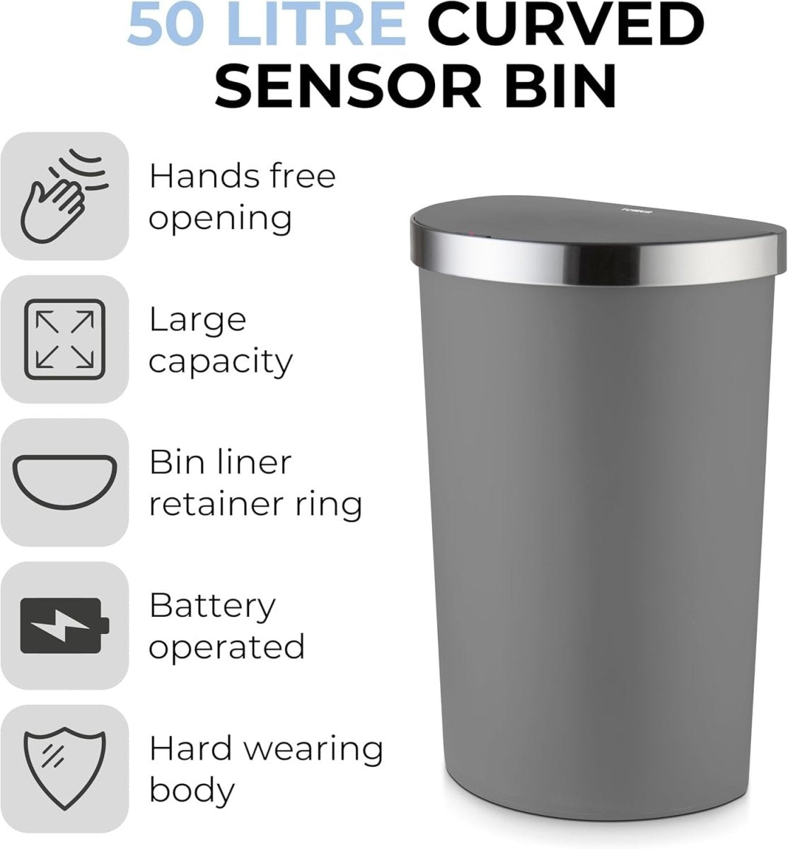 50L Motion Sensor Kitchen Bin Grey Stainless Trim Soft Close - Kwikley