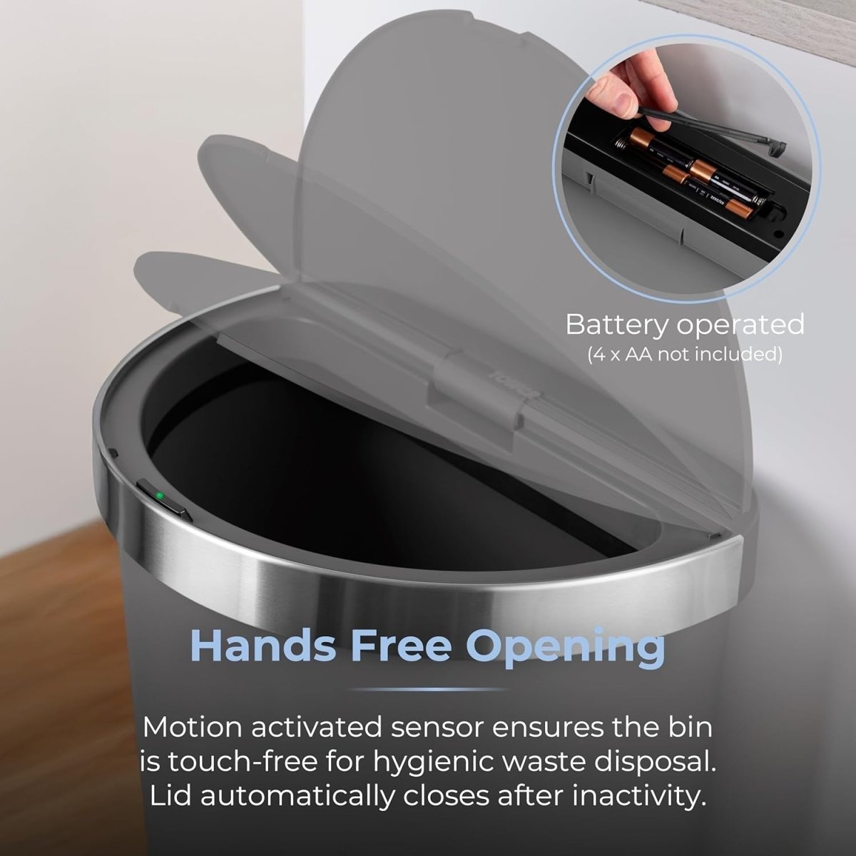 50L Motion Sensor Kitchen Bin Grey Stainless Trim Soft Close - Kwikley