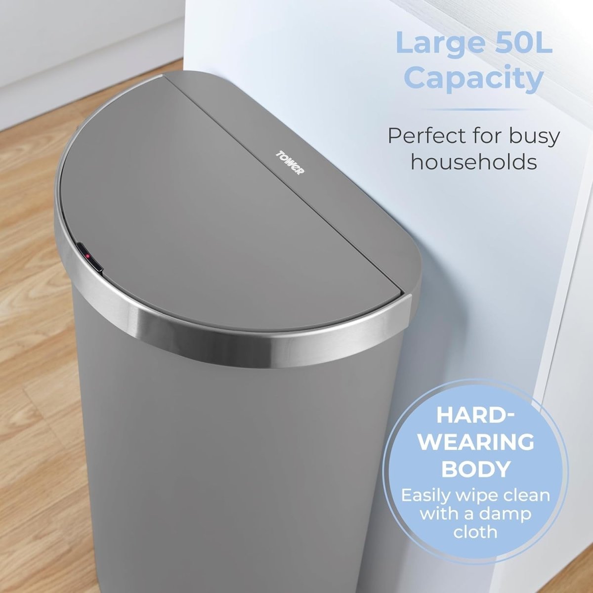 50L Motion Sensor Kitchen Bin Grey Stainless Trim Soft Close - Kwikley