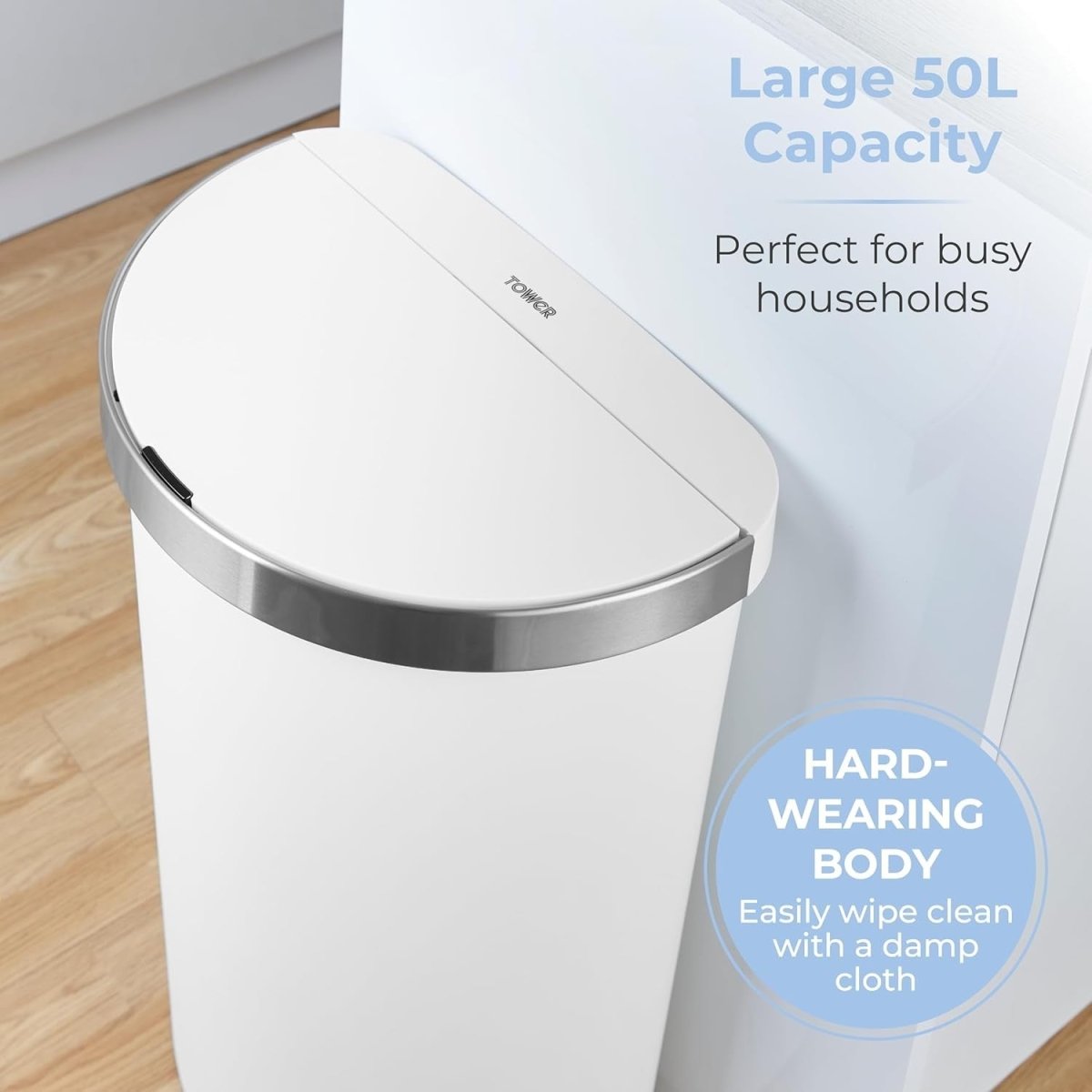 50L Motion Sensor Kitchen Bin White Soft Close Stainless Trim - Kwikley