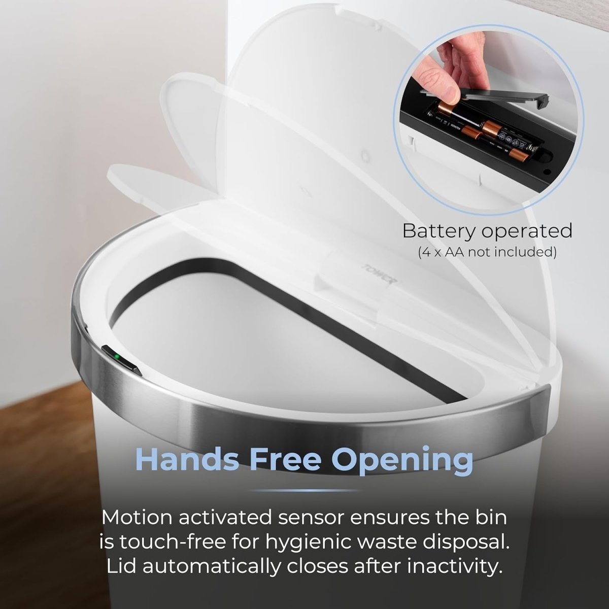 50L Motion Sensor Kitchen Bin White Soft Close Stainless Trim - Kwikley