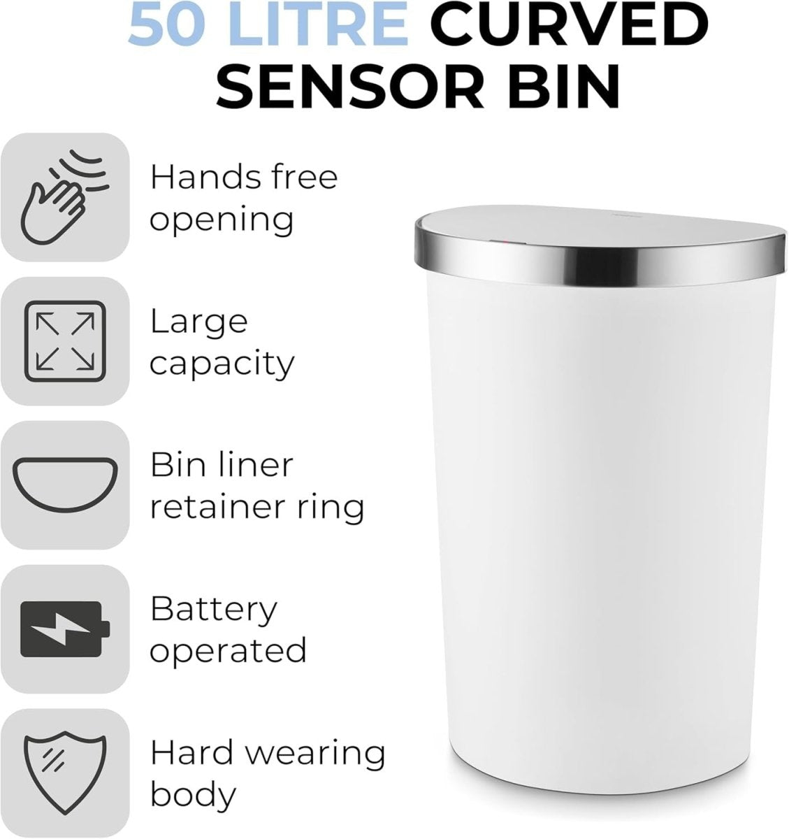 50L Motion Sensor Kitchen Bin White Soft Close Stainless Trim - Kwikley