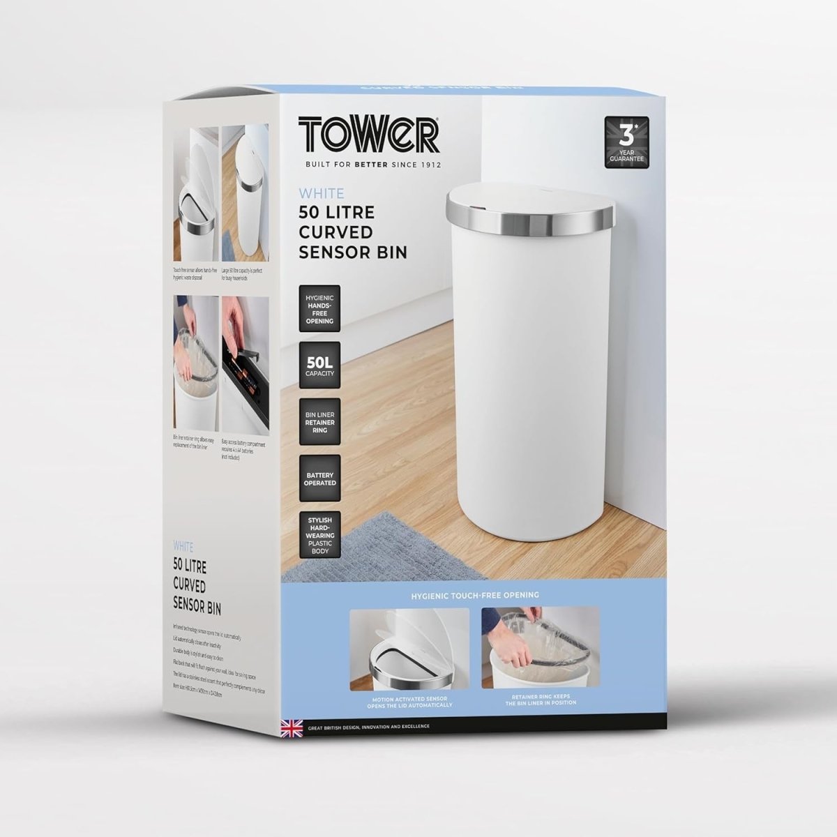 50L Motion Sensor Kitchen Bin White Soft Close Stainless Trim - Kwikley