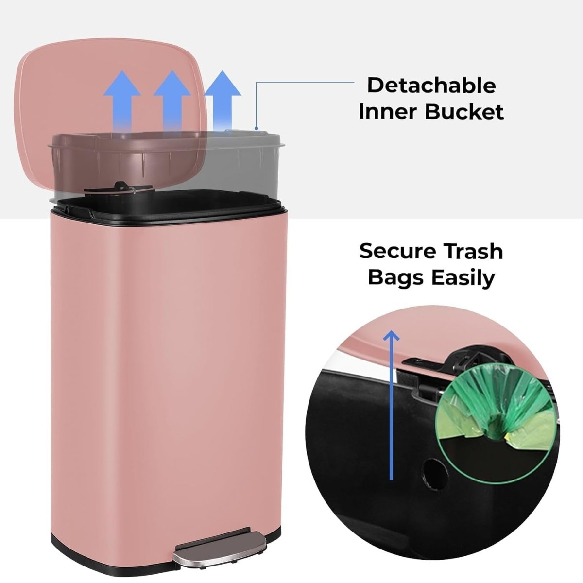 50L Stainless Steel Pedal Bin Soft Close Kitchen Trash Pink - Kwikley