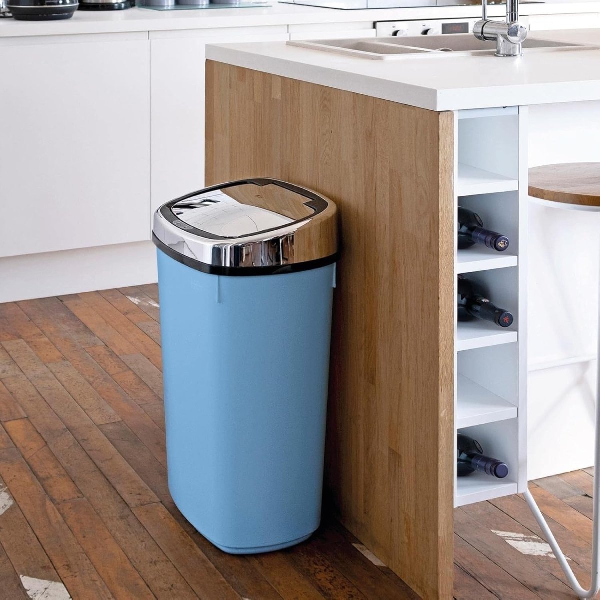 50L Touchless Kitchen Bin Automatic Sensor Pale Blue Chrome - Kwikley