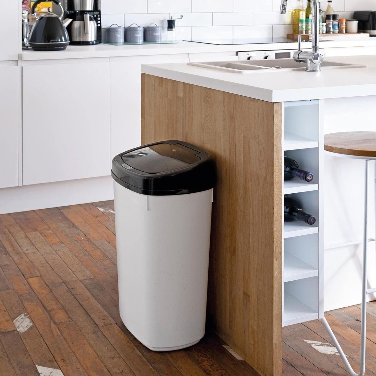 50L Touchless Kitchen Bin Automatic Sensor White Black Lid - Kwikley
