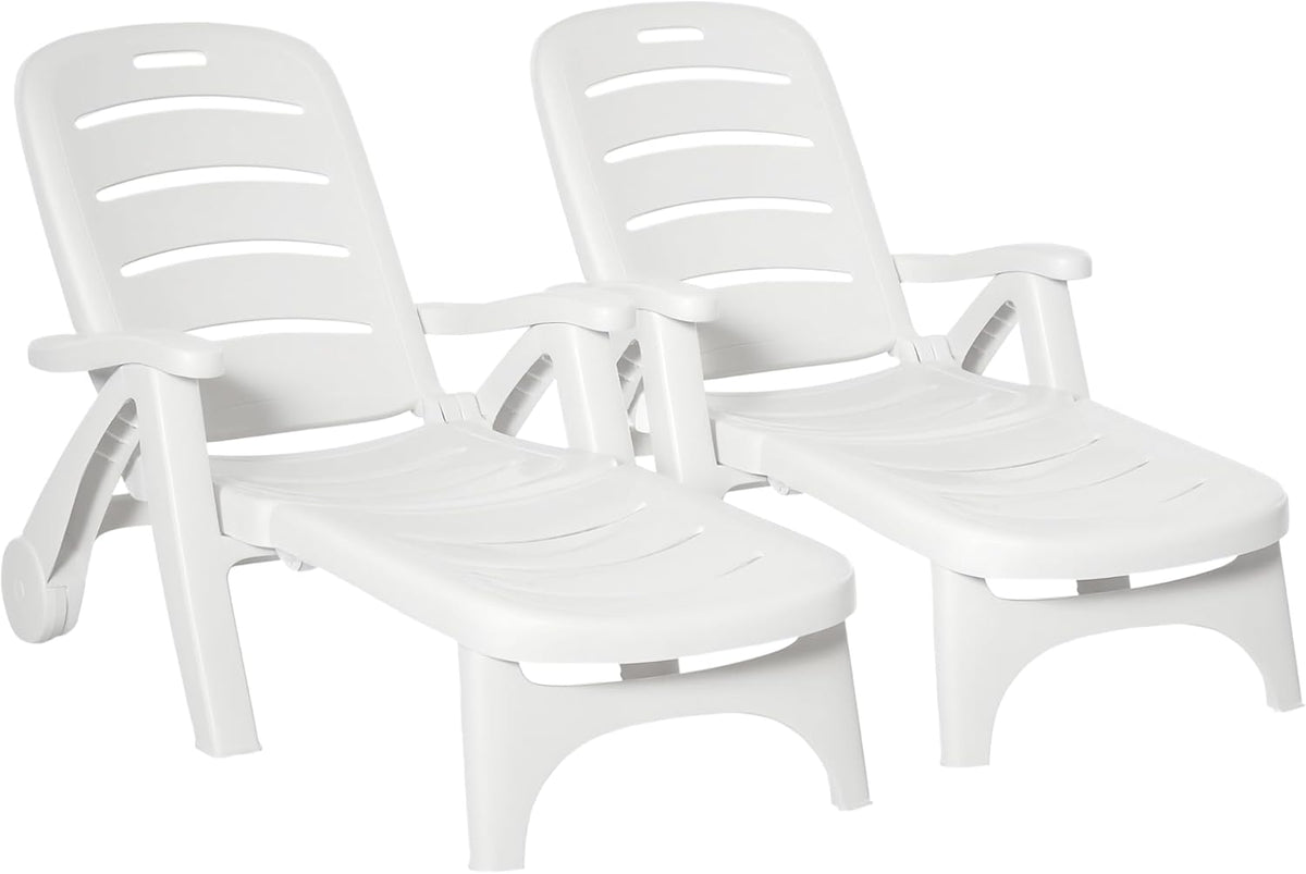 Set of 2 Folding Sun Loungers with Wheels White