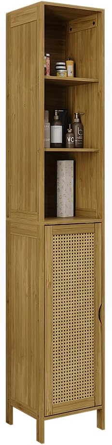 Slim Bamboo Bathroom Tall Cabinet Storage Shelf Towel Unit