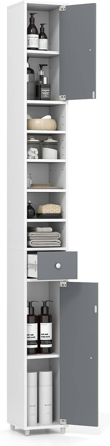 Tall Slim Storage Cabinet Grey White Drawer Shelf Unit