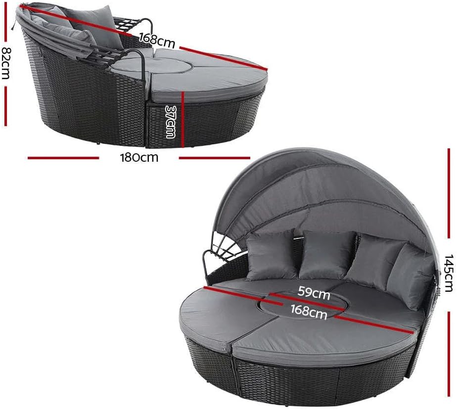 Outdoor Rattan Day Bed Set Canopy Coffee Table Black