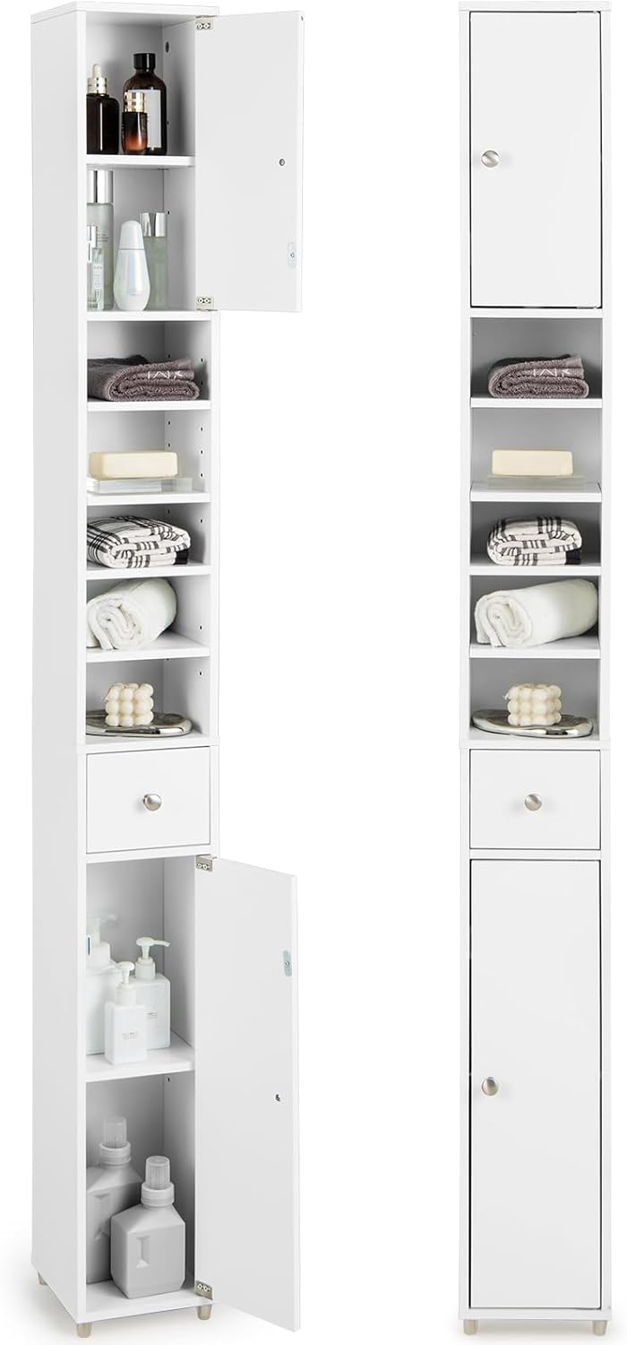 Tall Slim Bathroom Storage Cabinet Drawer Adjustable Shelves White