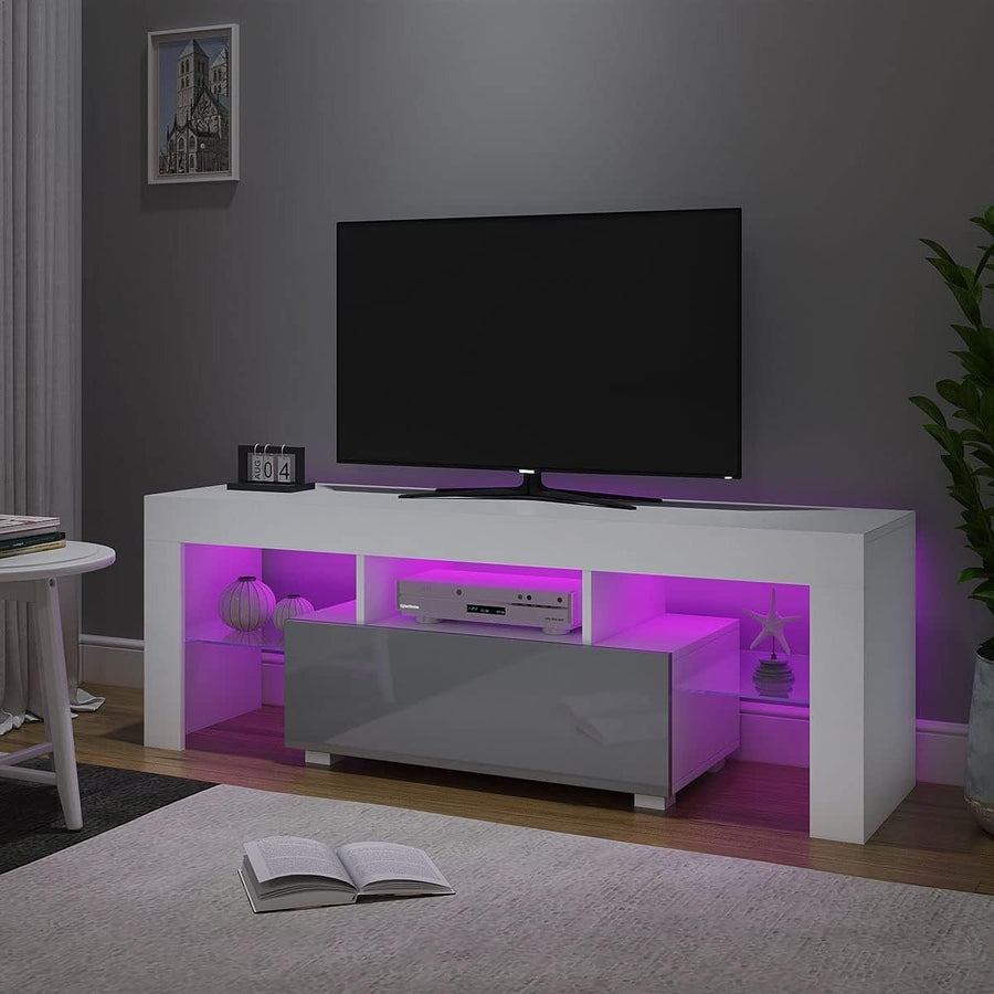 51" LED TV Stand Cabinet Glass Shelves Storage for 32-55" TVs - White+grey - Kwikley