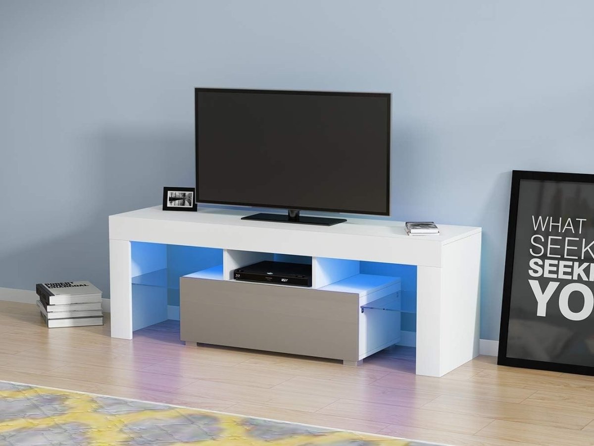 51" LED TV Stand Cabinet Glass Shelves Storage for 32-55" TVs - White+grey - Kwikley